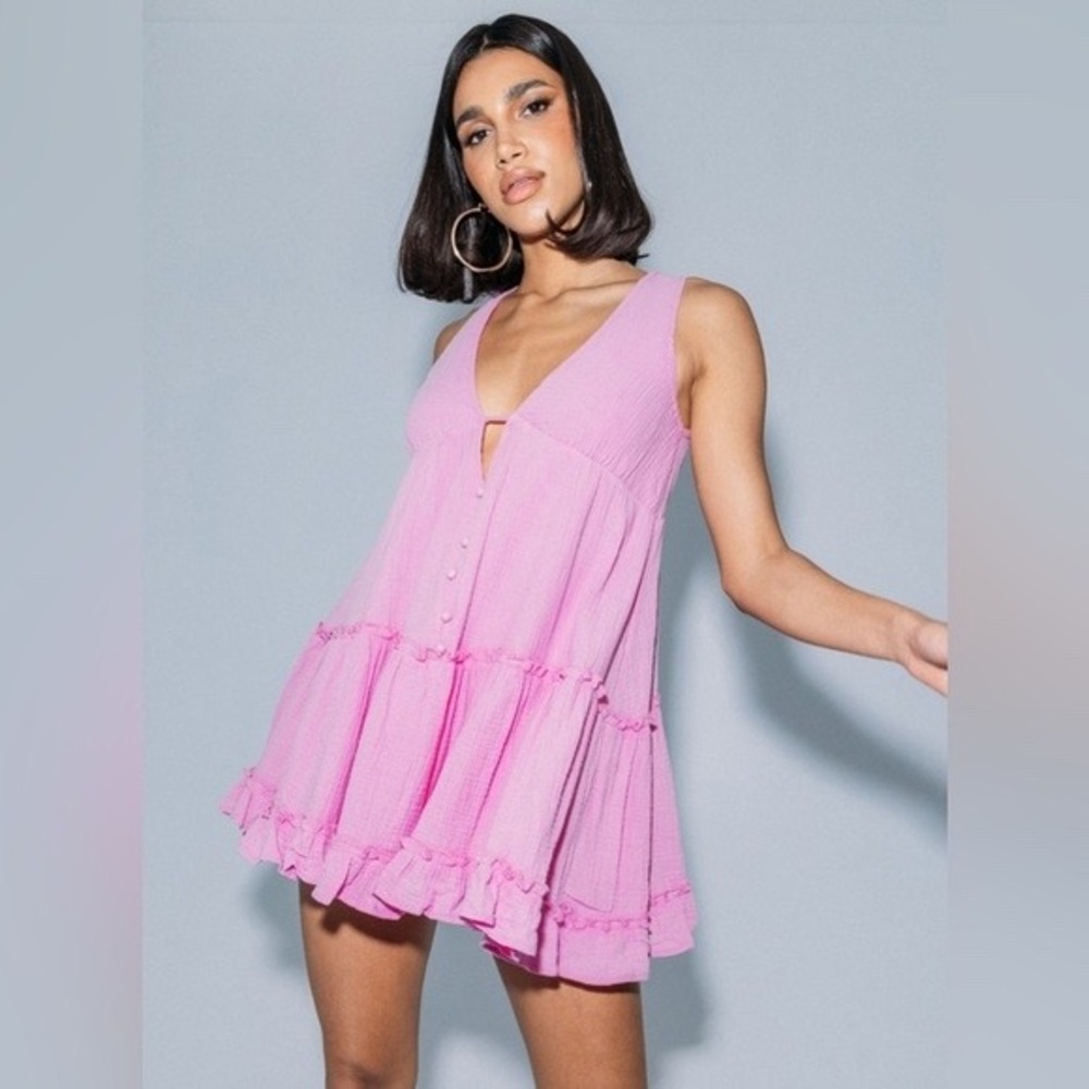 Princess Polly Pink Textured Tiered Ruffle Mini Dress Sleeveless V-Neck 2